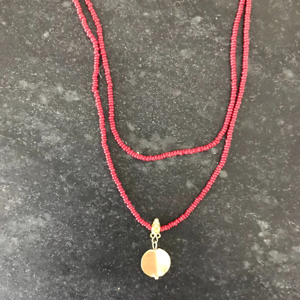 Red Bead and Gold Pendant Disc Long Wrap Necklace